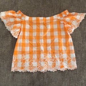 [Draper James] Off the Shoulder Eyelet Gingham Top